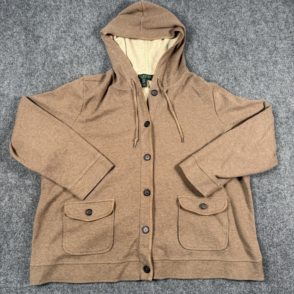 🧥 Lauren Ralph Lauren Womens XL Knit Utility Jacket Button Front Hoodie Tan